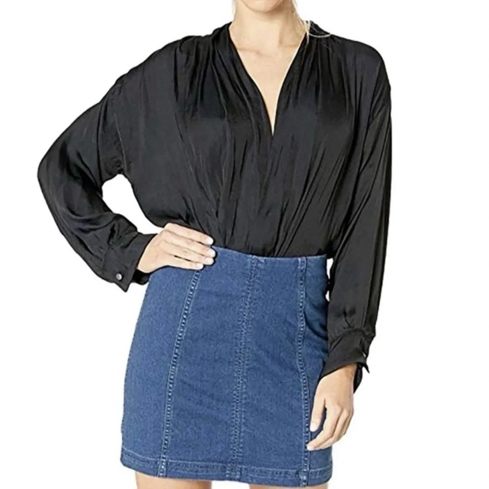 Free People Ladylike Draped Black Bodysuit NWT Size Small